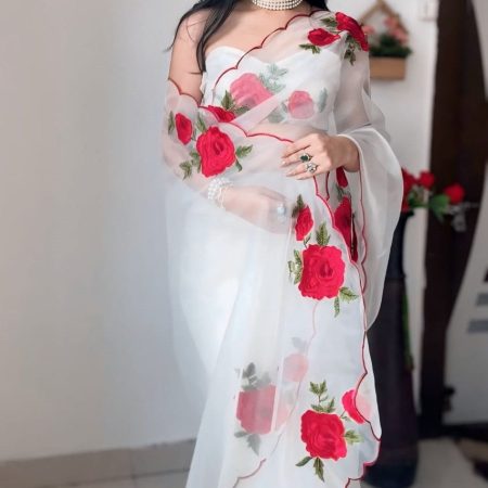 Pulsating 1-Minute Ready To Wear Off White Organza Silk Saree