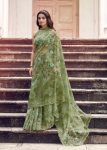 Pista Green Floral Hand Painted Organza Designer Embroidered Border Saree with Cutwork