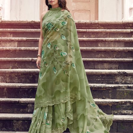 Pista Green Floral Hand Painted Organza Designer Embroidered Border Saree with Cutwork