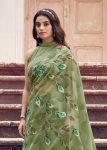 Pista Green Floral Hand Painted Organza Designer Embroidered Border Saree with Cutwork