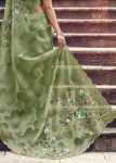 Pista Green Floral Hand Painted Organza Designer Embroidered Border Saree with Cutwork