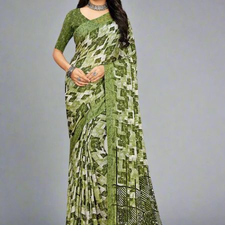 Designer Chiffon Saree with Pista Abstract Pattern