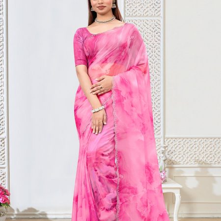 Abstract Printed Pink Fine Organza Saree with Luxe Stone Embellished Cutwork Border