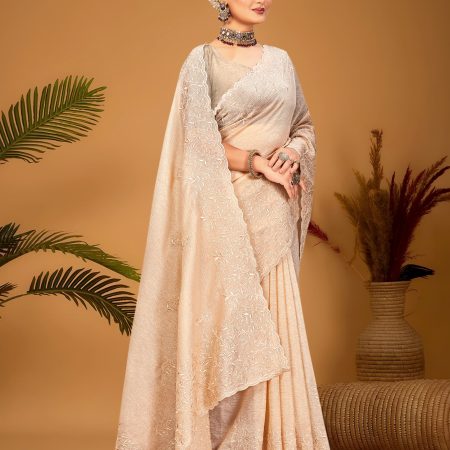 Beige Crushed Organza Saree Adorned with Exquisite Embroidery and Cutwork Border