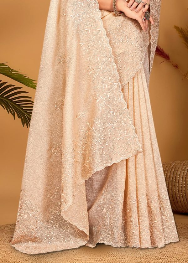 Beige Crushed Organza Saree Adorned with Exquisite Embroidery and Cutwork Border