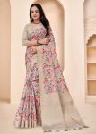 Beige Organza Floral Printed Saree with Zari Border, Decorative Tassels and Butta Work