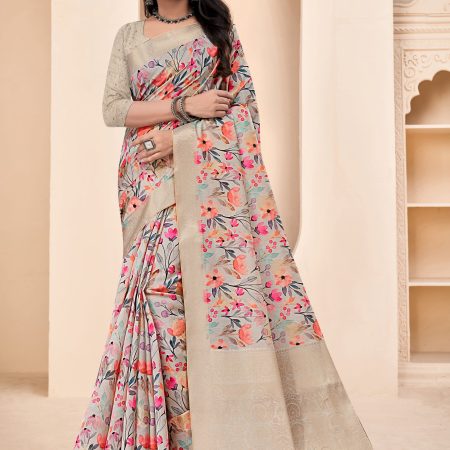 Beige Organza Floral Printed Saree with Zari Border, Decorative Tassels and Butta Work