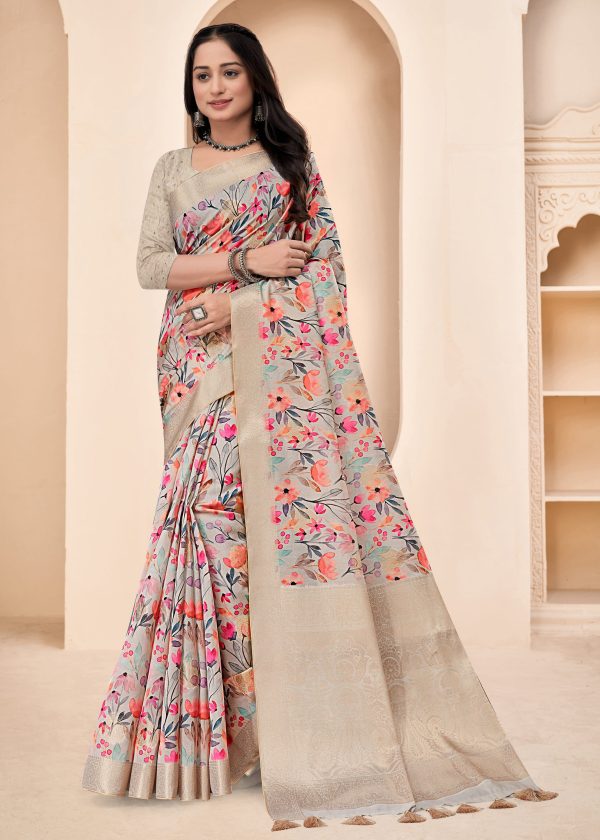 Beige Organza Floral Printed Saree with Zari Border, Decorative Tassels and Butta Work