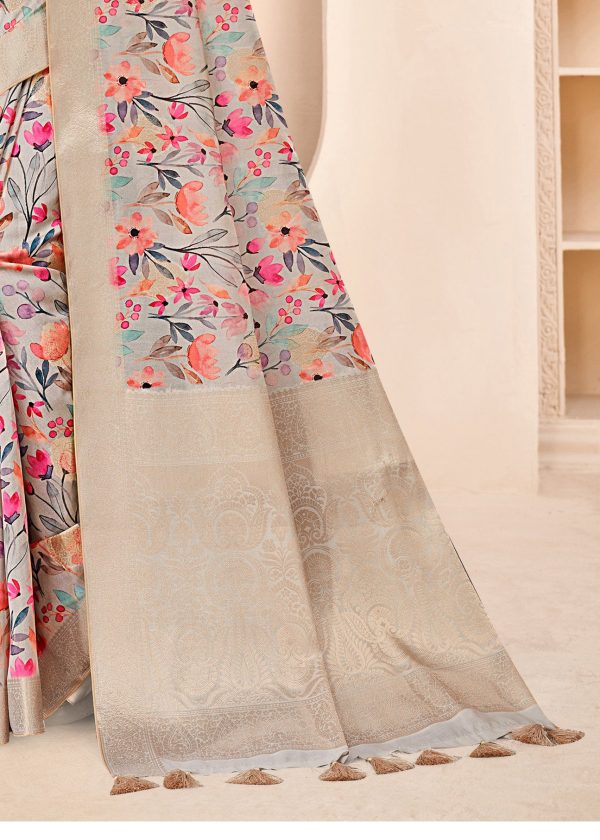 Beige Organza Floral Printed Saree with Zari Border, Decorative Tassels and Butta Work