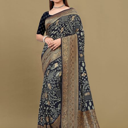 Black Satin Silk Saree Featuring Ethnic Motif Prints, Rich Zari Woven Border and Butti Details