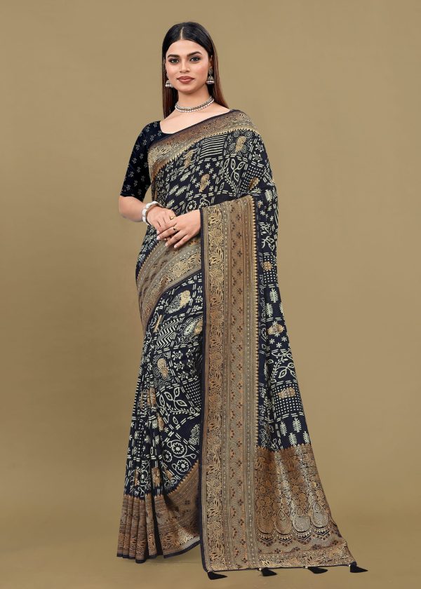 Black Satin Silk Saree Featuring Ethnic Motif Prints, Rich Zari Woven Border and Butti Details