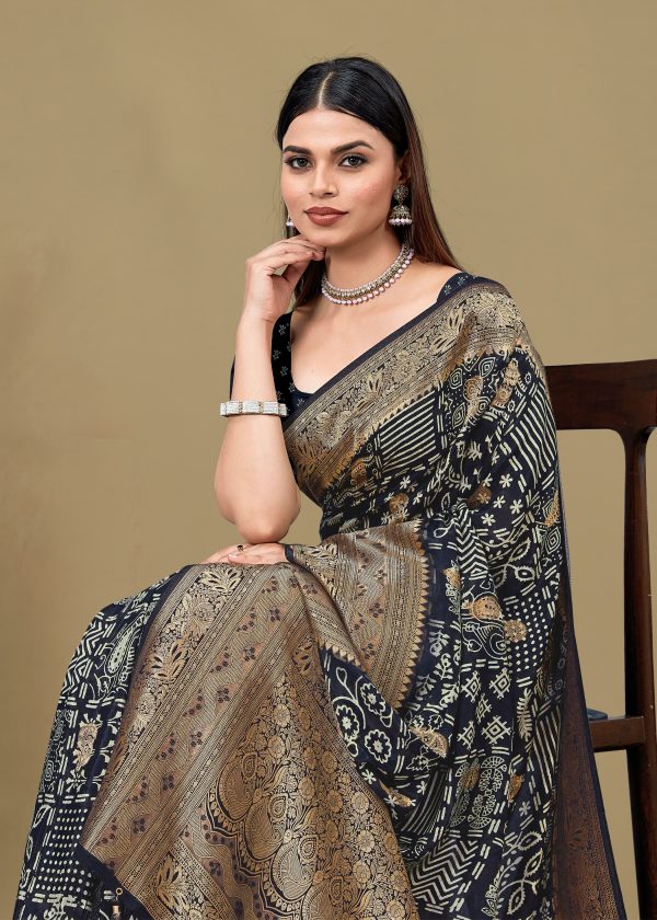 Black Satin Silk Saree Featuring Ethnic Motif Prints, Rich Zari Woven Border and Butti Details