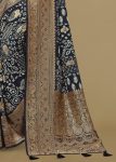 Black Satin Silk Saree Featuring Ethnic Motif Prints, Rich Zari Woven Border and Butti Details