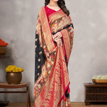 Black Satin Silk Saree with Traditional Ethnic Motifs, Intricate Zari Pallu, and Butti Embellishments