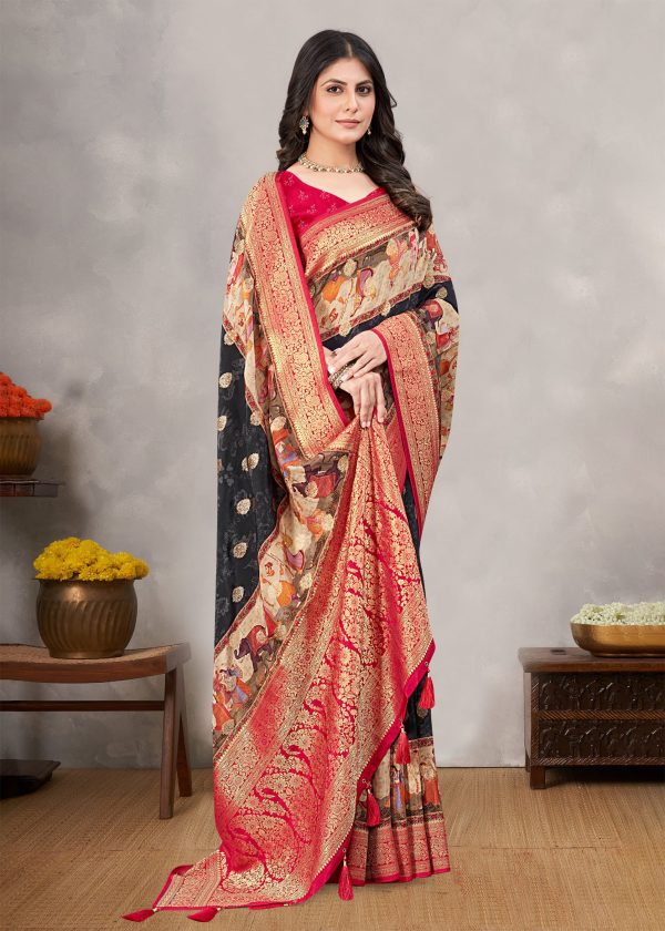 Black Satin Silk Saree with Traditional Ethnic Motifs, Intricate Zari Pallu, and Butti Embellishments