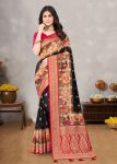 Black Satin Silk Saree with Traditional Ethnic Motifs, Intricate Zari Pallu, and Butti Embellishments