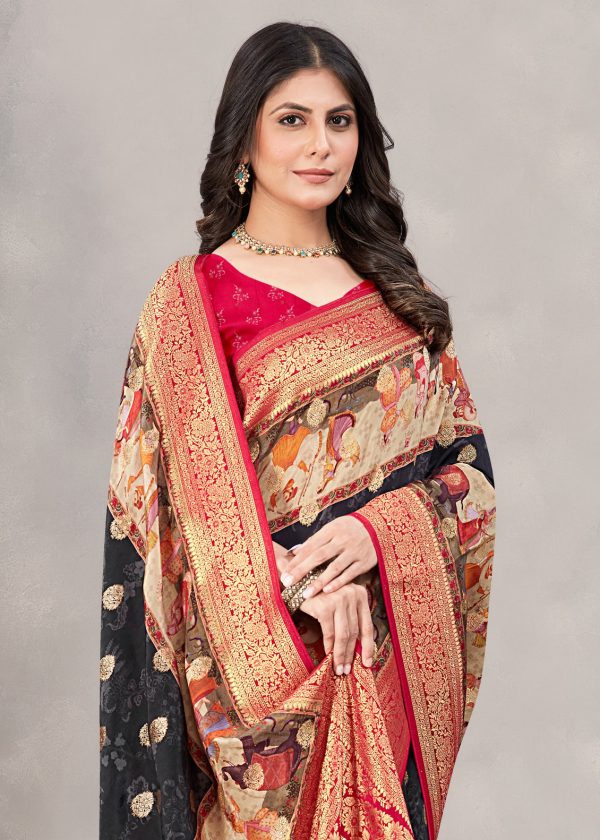 Black Satin Silk Saree with Traditional Ethnic Motifs, Intricate Zari Pallu, and Butti Embellishments