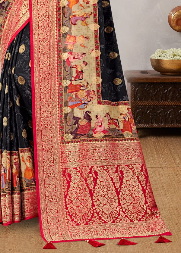 Black Satin Silk Saree with Traditional Ethnic Motifs, Intricate Zari Pallu, and Butti Embellishments