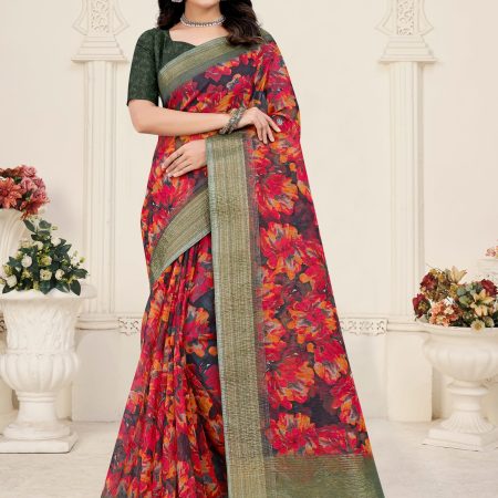 Black Zari Border Crush Silk Saree with Digital Floral Design and Tassels