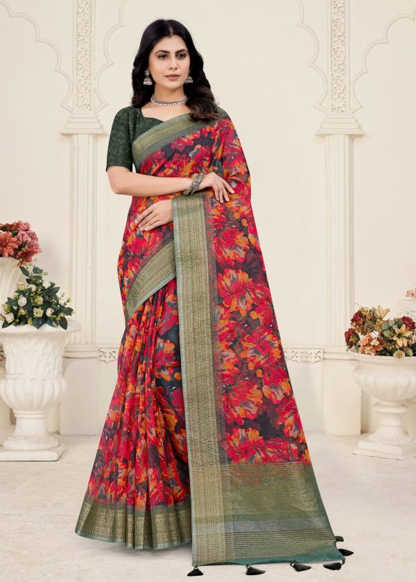 Black Zari Border Crush Silk Saree with Digital Floral Design and Tassels