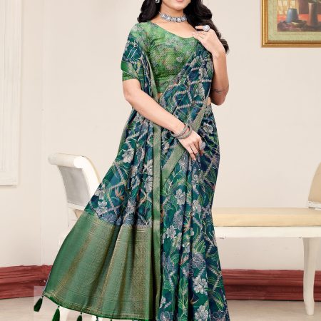 Bottle Green Organza Saree Showcasing Lush Floral Designs, Ornate Zari Border, and Intricate Zari Embellishments