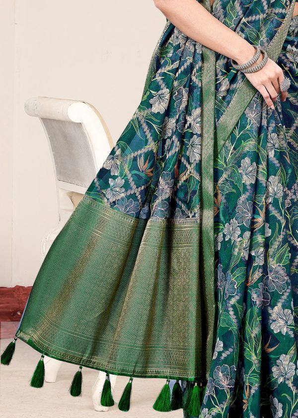 Bottle Green Organza Saree Showcasing Lush Floral Designs, Ornate Zari Border, and Intricate Zari Embellishments