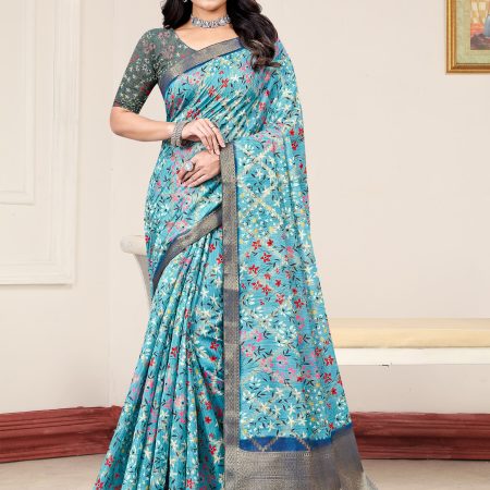 Breezy Sky Blue Organza Saree with Artistic Floral Designs, Lustrous Zari Border, and Subtle Butta