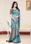 Breezy Sky Blue Organza Saree with Artistic Floral Designs, Lustrous Zari Border, and Subtle Butta