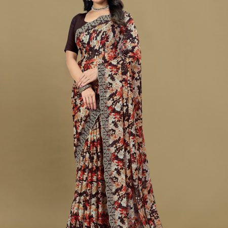 Brown Silk Georgette Saree with Floral Print Designs and Cutwork Embroidery Border