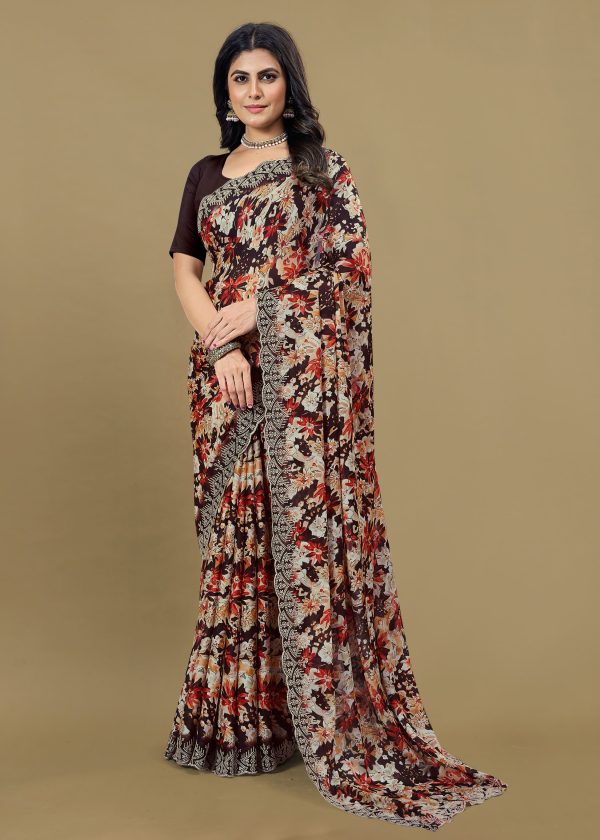 Brown Silk Georgette Saree with Floral Print Designs and Cutwork Embroidery Border