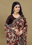 Brown Silk Georgette Saree with Floral Print Designs and Cutwork Embroidery Border