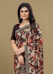 Brown Silk Georgette Saree with Floral Print Designs and Cutwork Embroidery Border