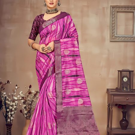 Chic Organza Saree with Artistic Rani Abstract Prints, Zari Accents, and Butta Detailing