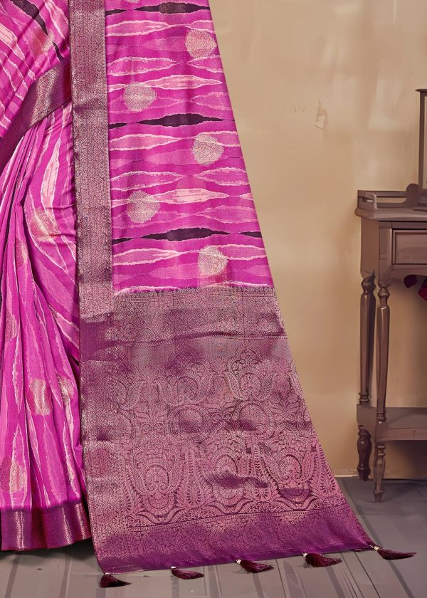 Chic Organza Saree with Artistic Rani Abstract Prints, Zari Accents, and Butta Detailing