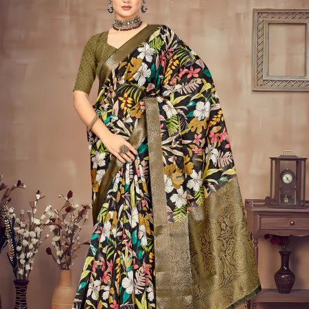 Organza Saree with Black Floral Design, Gleaming Zari Borders and Delicate Butta