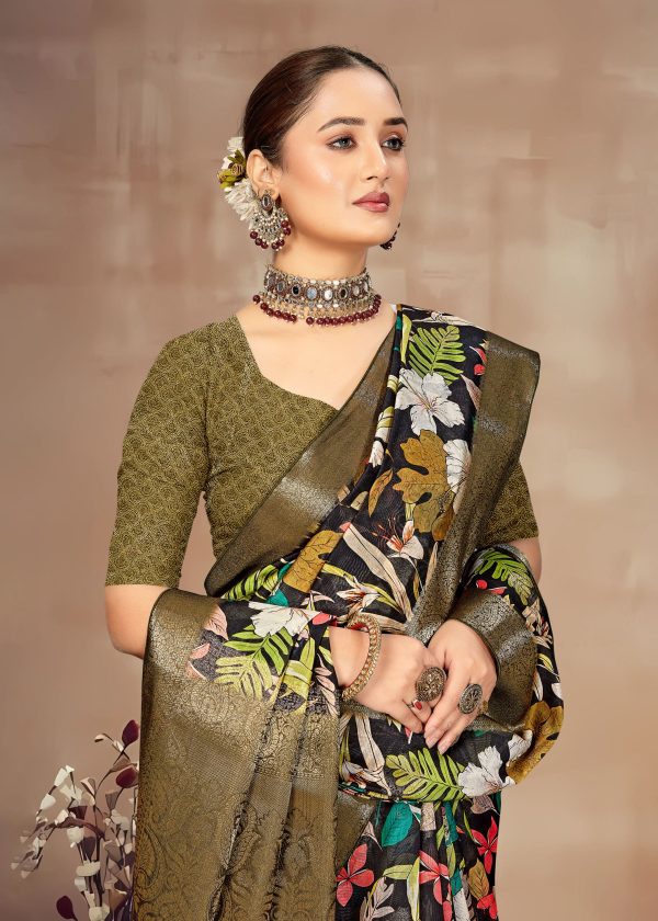 Organza Saree with Black Floral Design, Gleaming Zari Borders and Delicate Butta