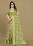 Chic Pista Cotton Saree with Zig Zag Ethnic Prints, Foil Details, and a Zari Border