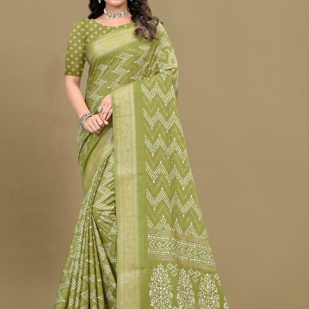 Chic Pista Cotton Saree with Zig Zag Ethnic Prints, Foil Details, and a Zari Border