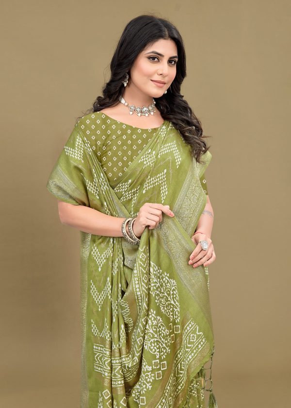 Chic Pista Cotton Saree with Zig Zag Ethnic Prints, Foil Details, and a Zari Border