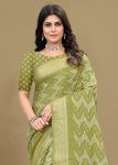 Chic Pista Cotton Saree with Zig Zag Ethnic Prints, Foil Details, and a Zari Border