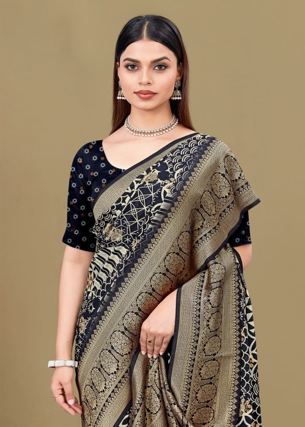 Classic Black Pure Satin Silk Saree Adorned with Ethnic Designs, Zari Woven Border Highlight with Butti