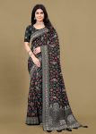 Classic Black Pure Tussar Silk Saree with Modern Ikat Digital Prints, Ornate Zari Woven Border, and Butta