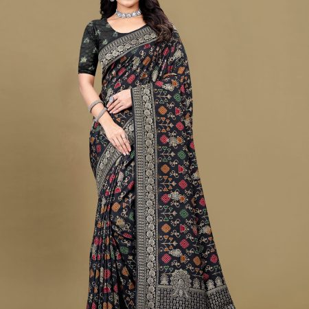 Classic Black Pure Tussar Silk Saree with Modern Ikat Digital Prints, Ornate Zari Woven Border, and Butta