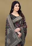 Classic Black Pure Tussar Silk Saree with Modern Ikat Digital Prints, Ornate Zari Woven Border, and Butta