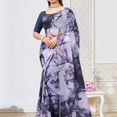 Digital Abstract Print Multicolor Organza Saree with Elegant Stone-Studded Border