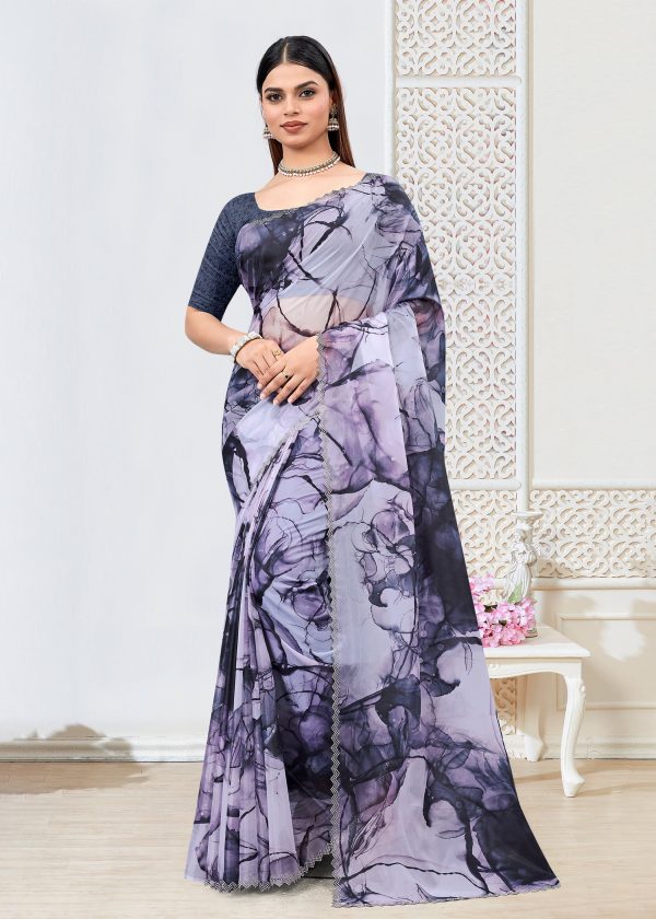 Digital Abstract Print Multicolor Organza Saree with Elegant Stone-Studded Border