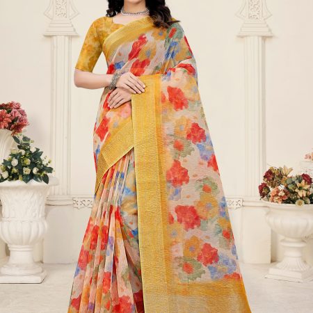 Digital Abstract Printed Gold Crushed Silk Saree Adorned with Zari Border and Tassels