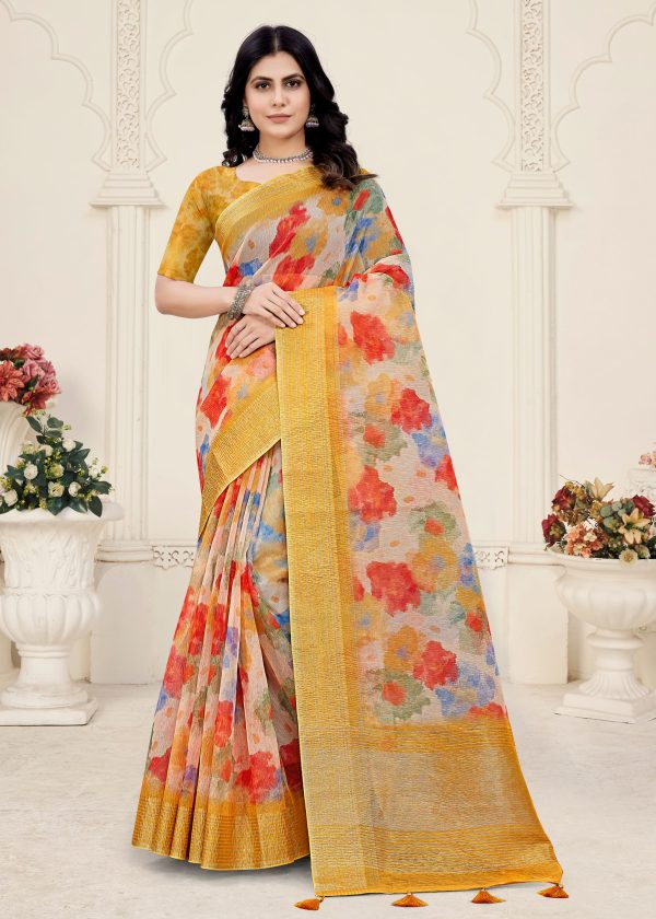 Digital Abstract Printed Gold Crushed Silk Saree Adorned with Zari Border and Tassels