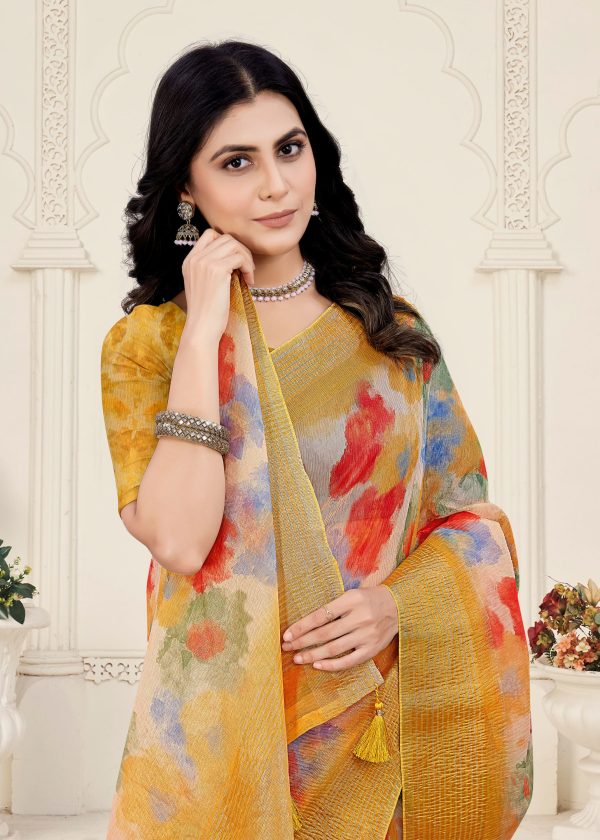 Digital Abstract Printed Gold Crushed Silk Saree Adorned with Zari Border and Tassels