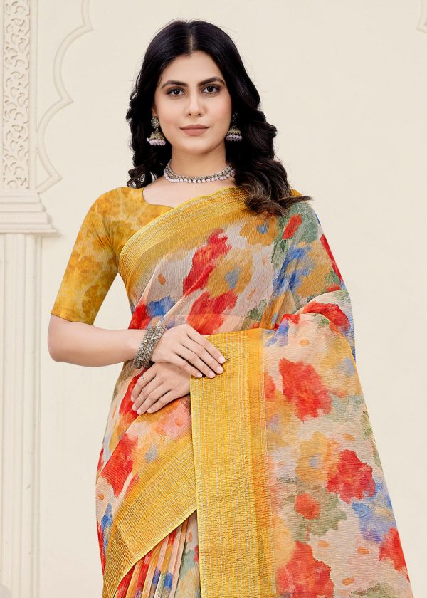 Digital Abstract Printed Gold Crushed Silk Saree Adorned with Zari Border and Tassels